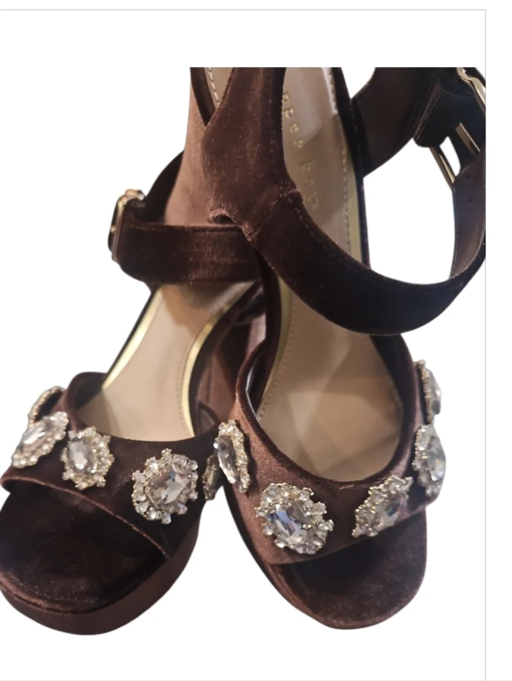 Copper Key Celleste Two Velvet Jewel Embellished Platform Sandals Brown 7.5
